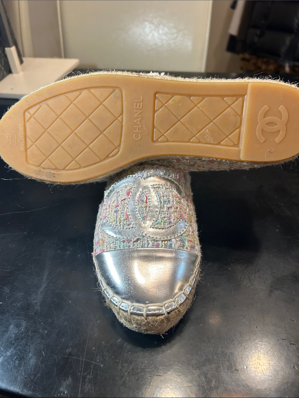 CHANEL Multicolor Tweed Espadrille with Silver Cap Toe and Quilted CC